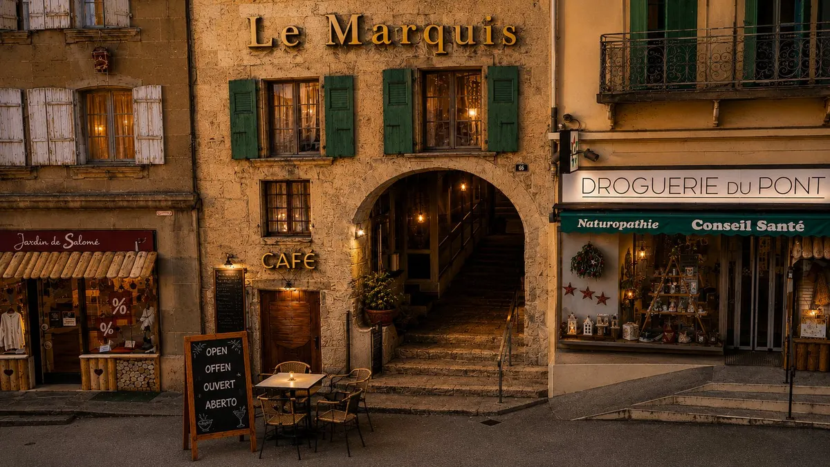 L'arche du Marquis et son enseigne, à la nuit tombée